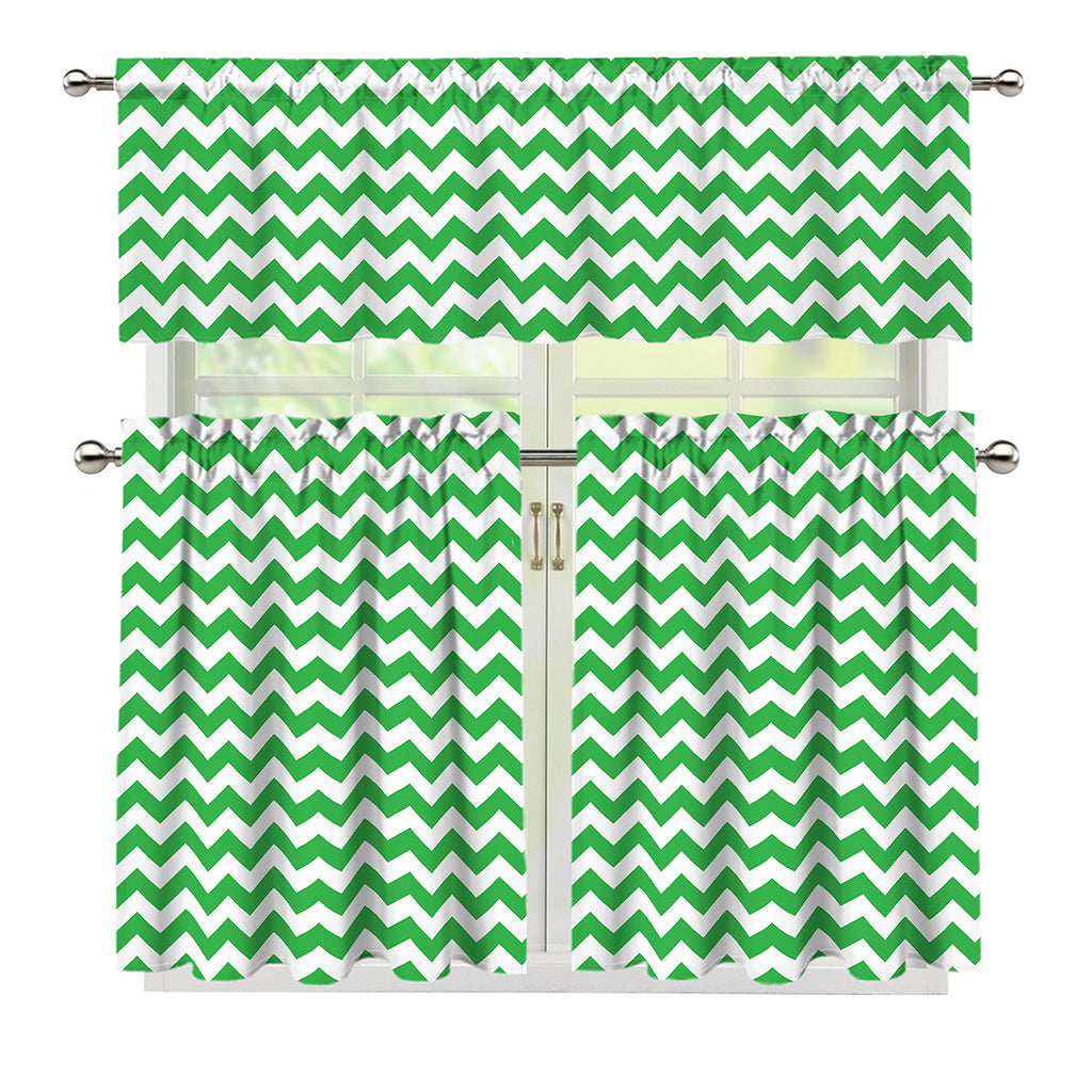 Green And White Chevron Pattern Print 3 Piece Kitchen Curtains