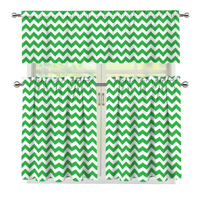 Green And White Chevron Pattern Print 3 Piece Kitchen Curtains