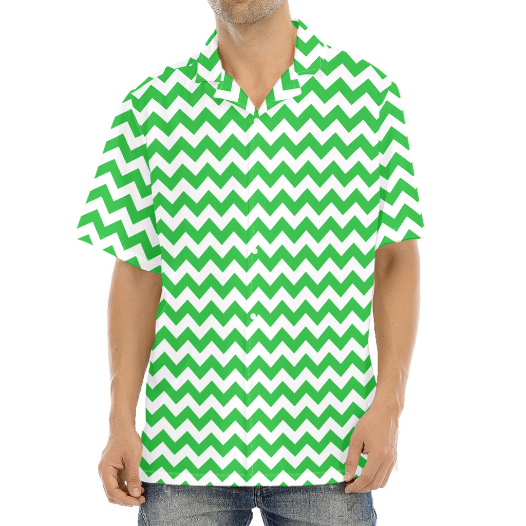 Green And White Chevron Pattern Print Aloha Shirt