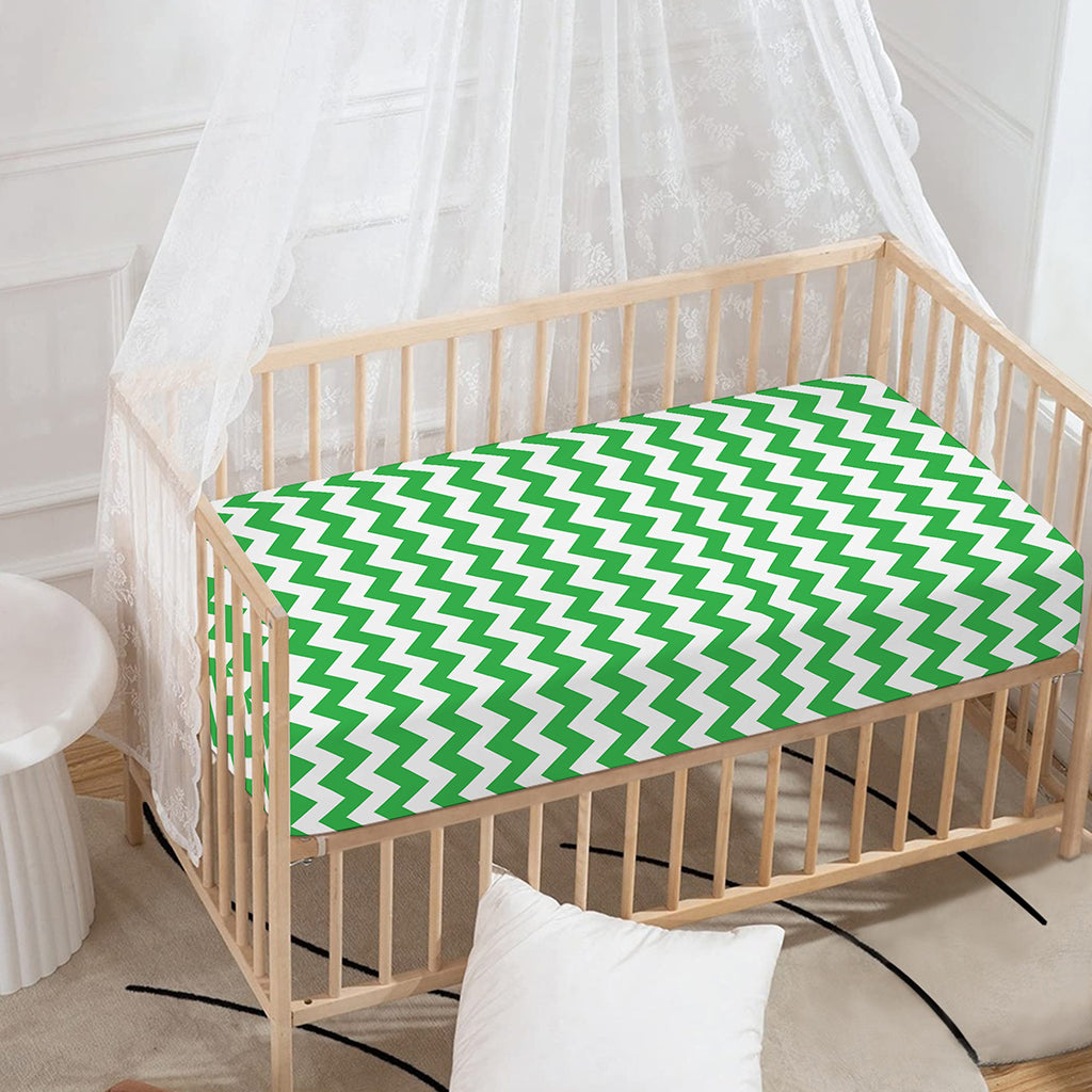 Green And White Chevron Pattern Print Baby Crib Sheet