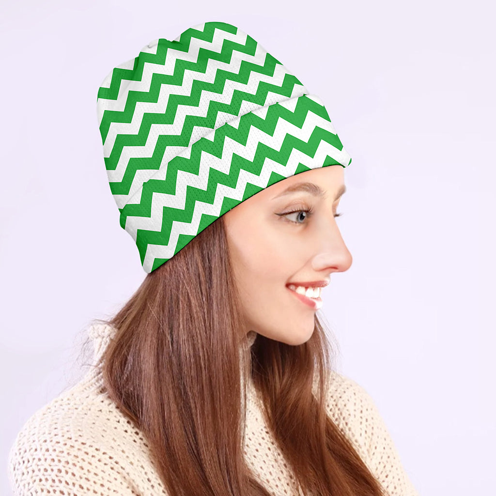 Green And White Chevron Pattern Print Beanie