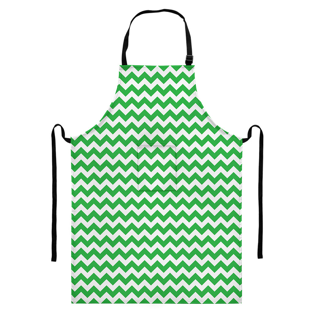 Green And White Chevron Pattern Print Bib Apron With Pocket