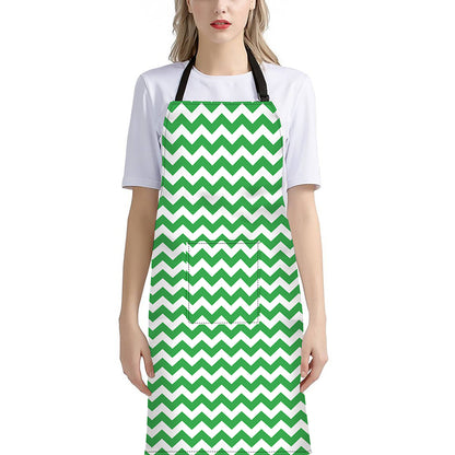 Green And White Chevron Pattern Print Bib Apron With Pocket
