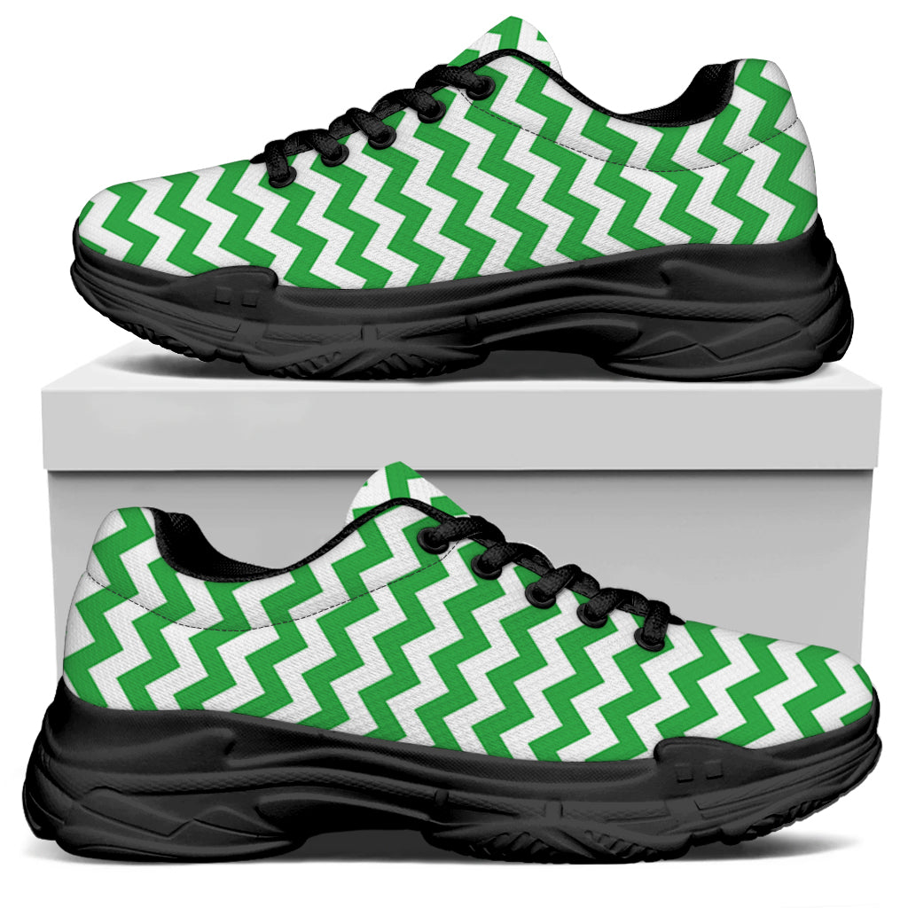 Green And White Chevron Pattern Print Black Chunky Shoes