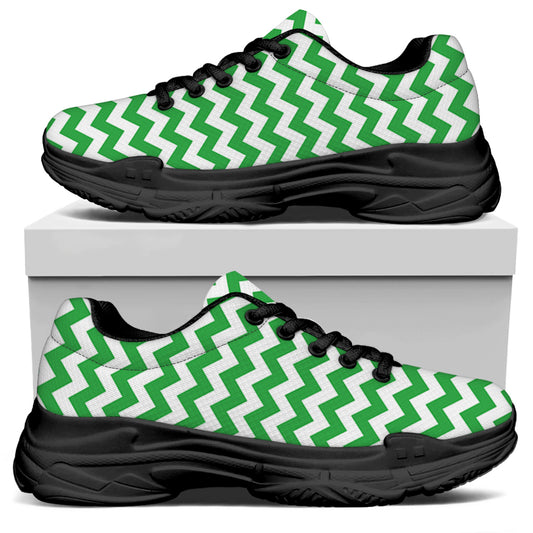 Green And White Chevron Pattern Print Black Chunky Shoes