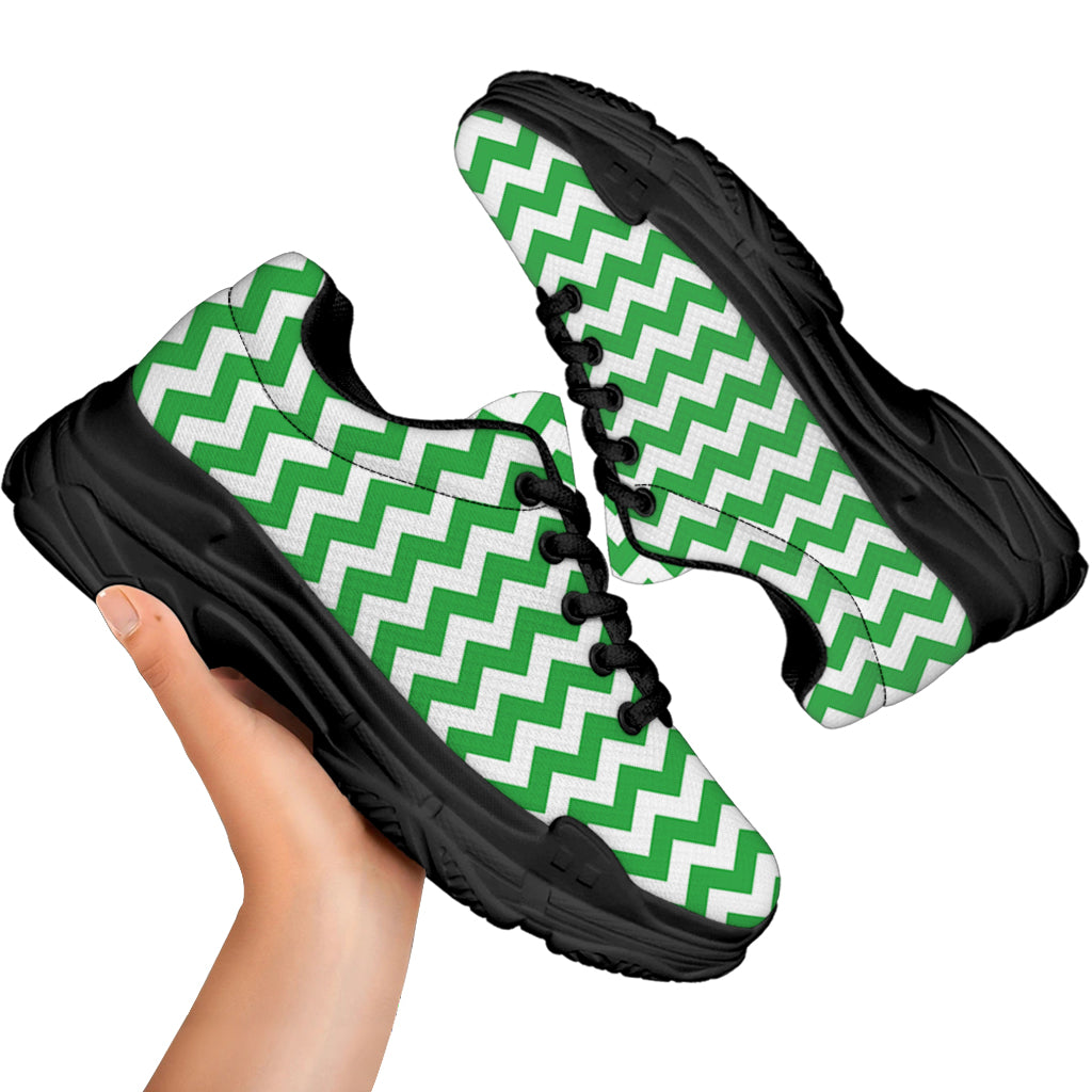 Green And White Chevron Pattern Print Black Chunky Shoes