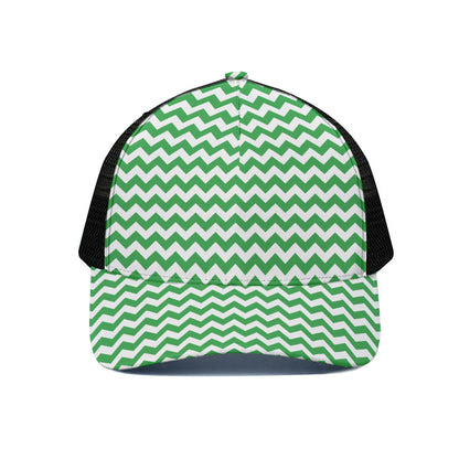 Green And White Chevron Pattern Print Black Mesh Trucker Cap