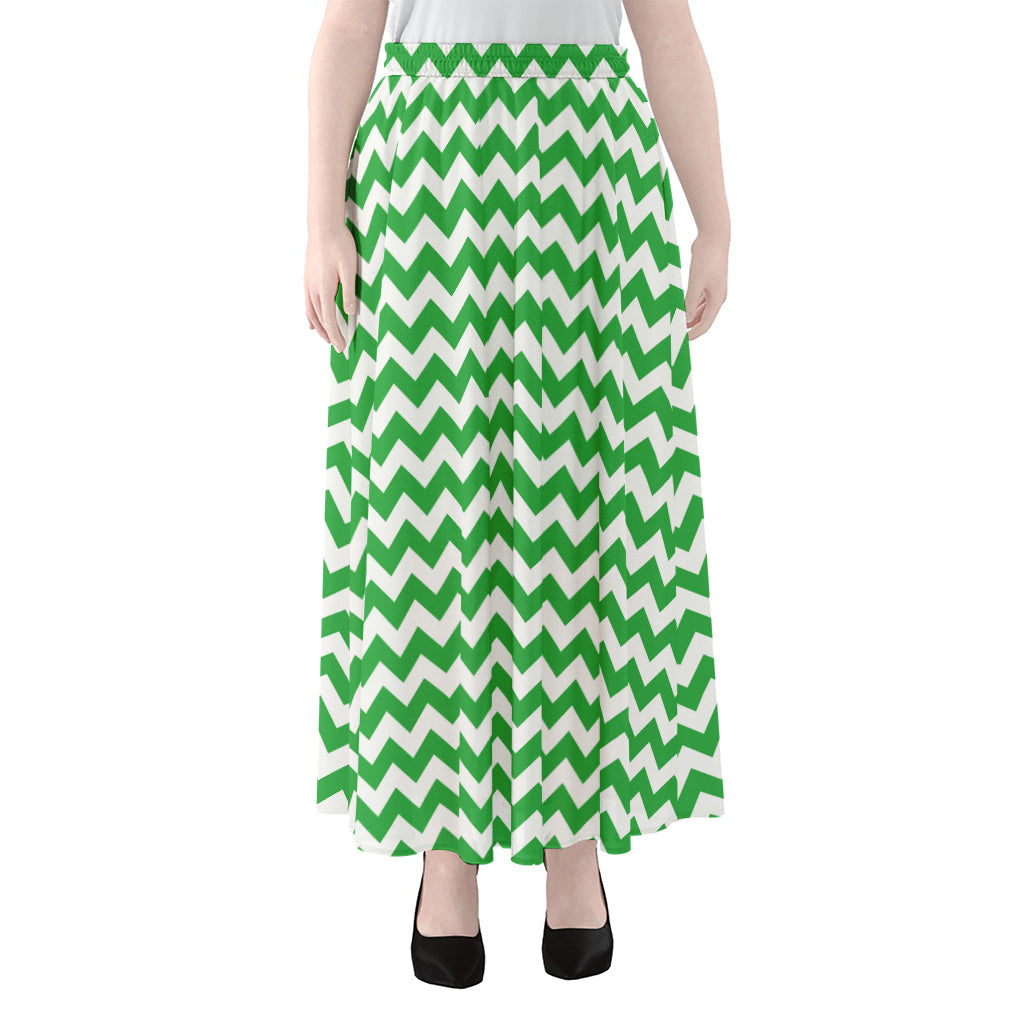 Green And White Chevron Pattern Print Chiffon Maxi Skirt