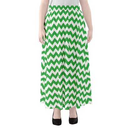 Green And White Chevron Pattern Print Chiffon Maxi Skirt