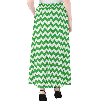 Green And White Chevron Pattern Print Chiffon Maxi Skirt