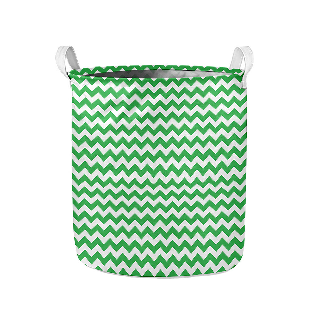 Green And White Chevron Pattern Print Collapsible Laundry Basket