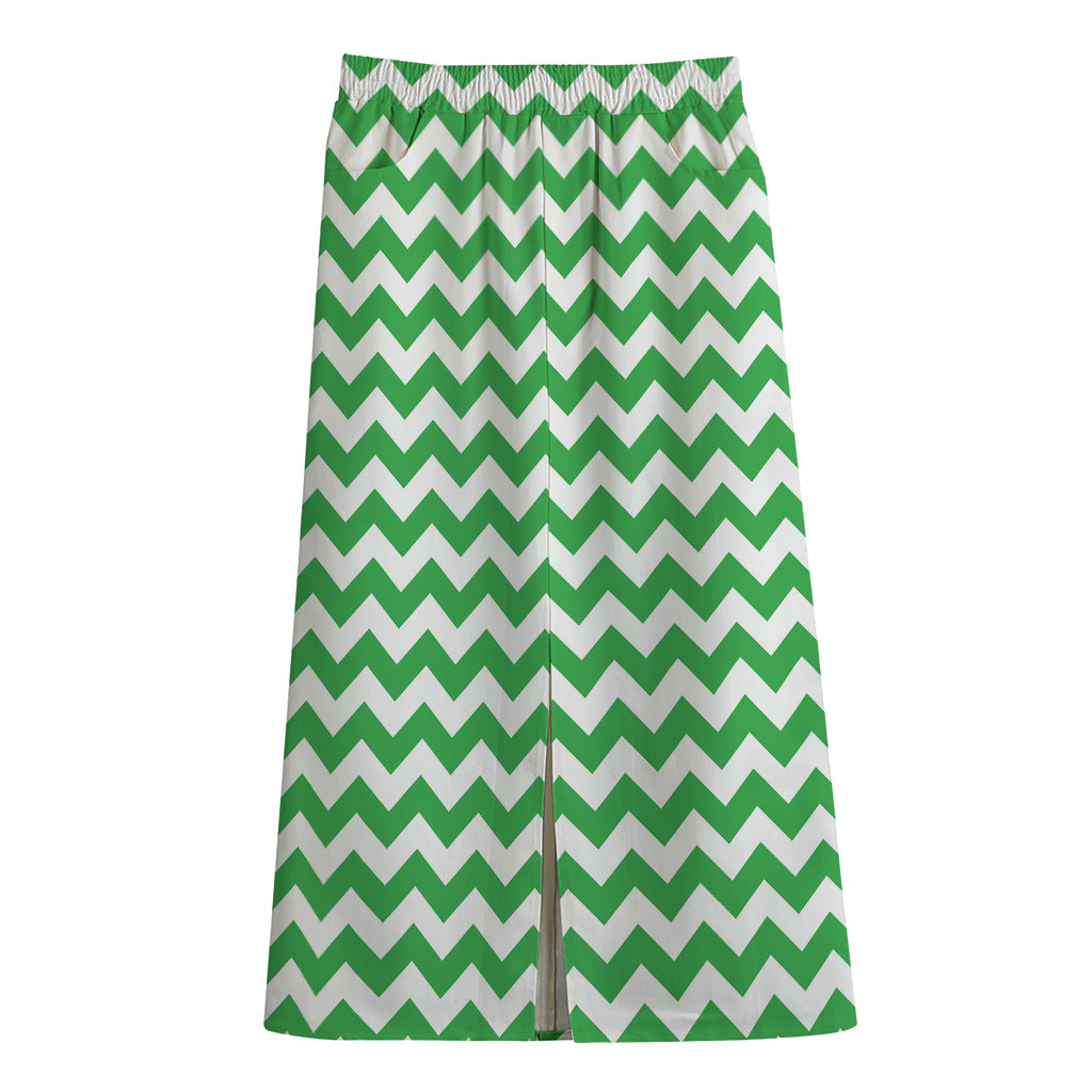 Green And White Chevron Pattern Print Cotton Front Slit Maxi Skirt