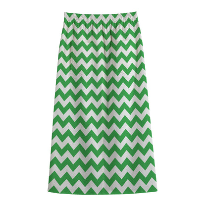 Green And White Chevron Pattern Print Cotton Front Slit Maxi Skirt