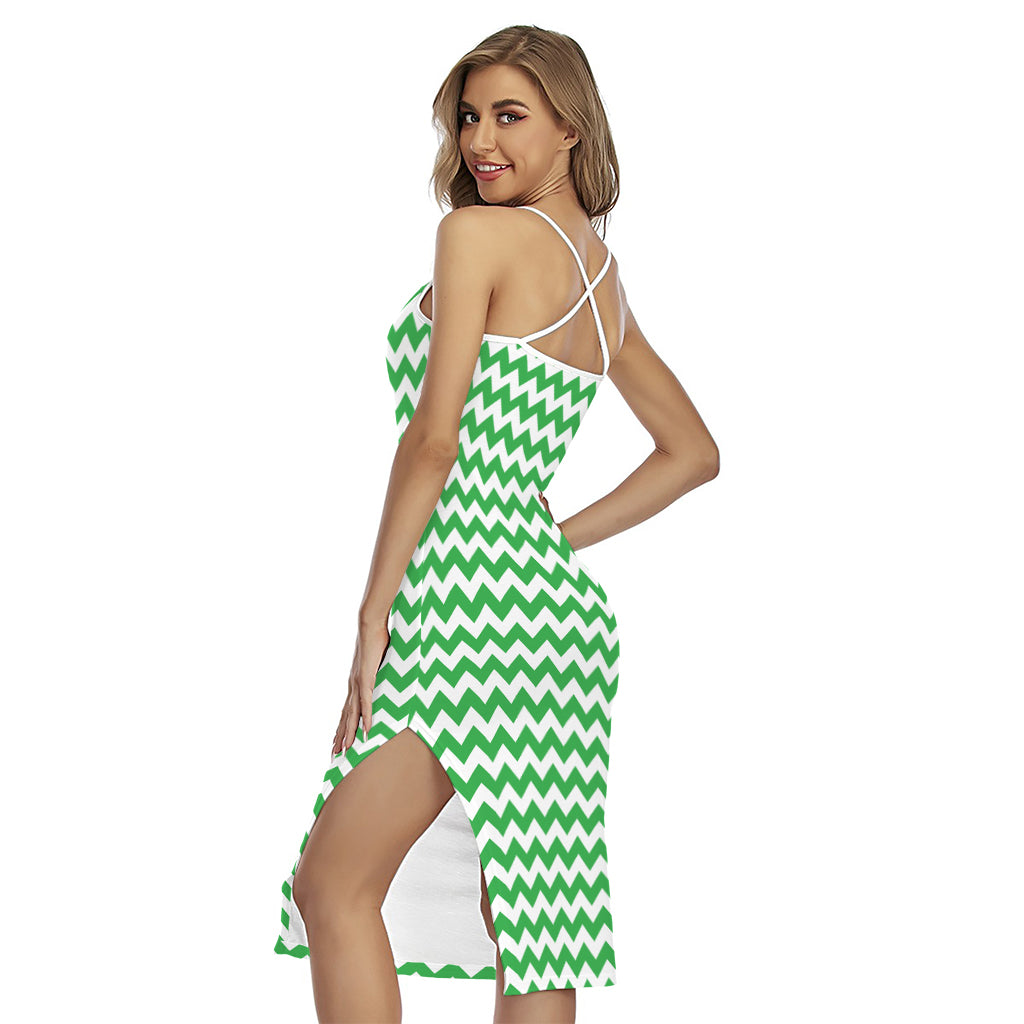 Green And White Chevron Pattern Print Cross Back Cami Dress