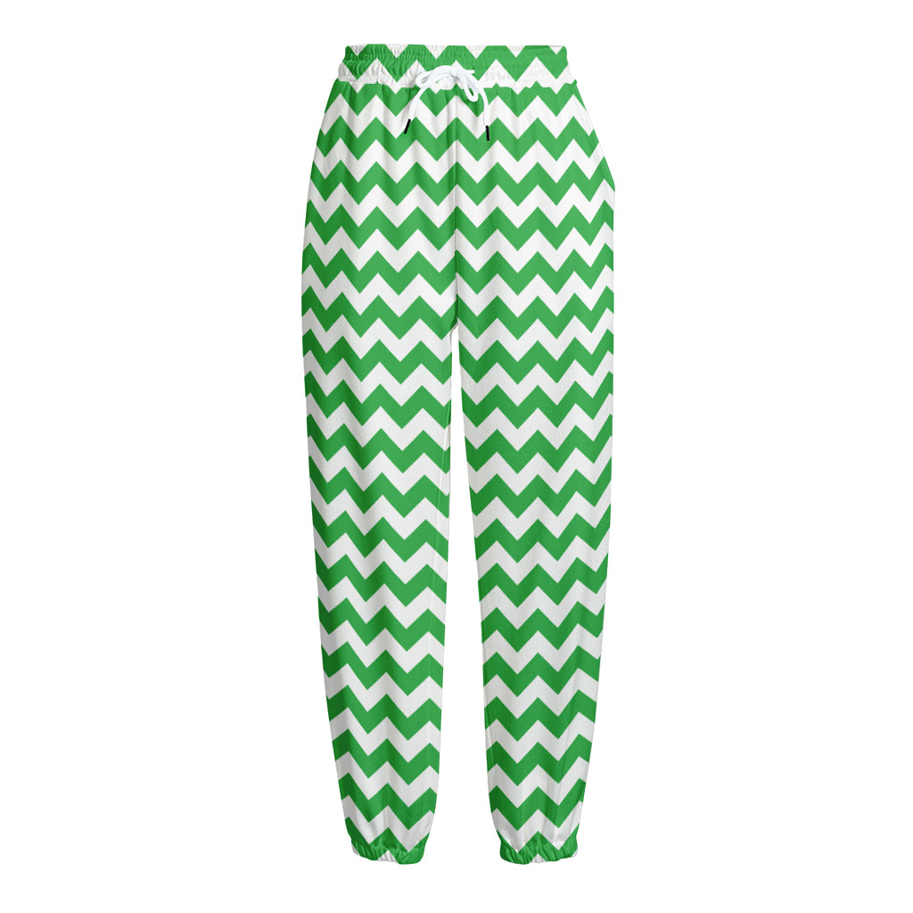 Green And White Chevron Pattern Print Fleece Lined Knit Pants