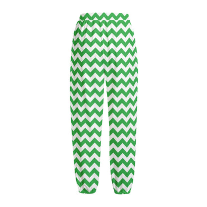 Green And White Chevron Pattern Print Fleece Lined Knit Pants