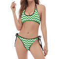 Green And White Chevron Pattern Print Halter Scoop Tie Side Bikini