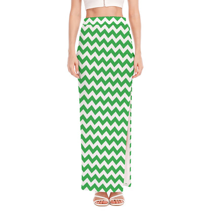 Green And White Chevron Pattern Print High Slit Maxi Skirt