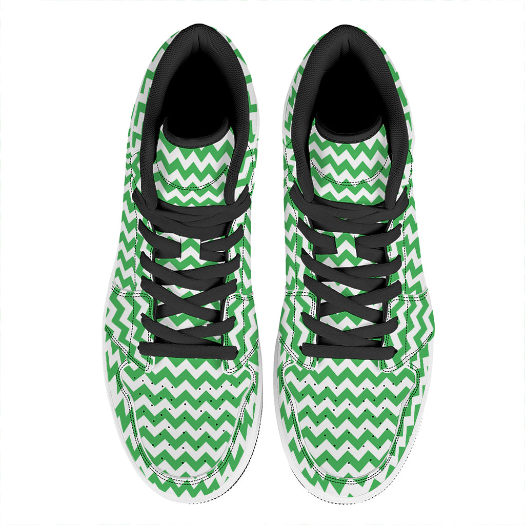 Green And White Chevron Pattern Print High Top Leather Sneakers