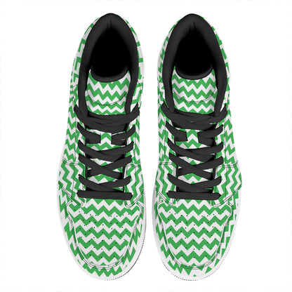 Green And White Chevron Pattern Print High Top Leather Sneakers