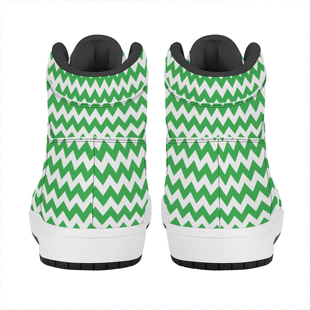 Green And White Chevron Pattern Print High Top Leather Sneakers