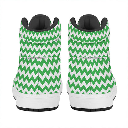 Green And White Chevron Pattern Print High Top Leather Sneakers