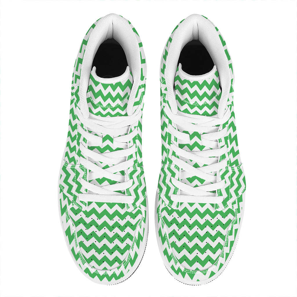 Green And White Chevron Pattern Print High Top Leather Sneakers
