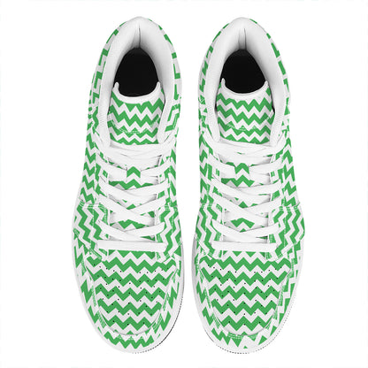 Green And White Chevron Pattern Print High Top Leather Sneakers