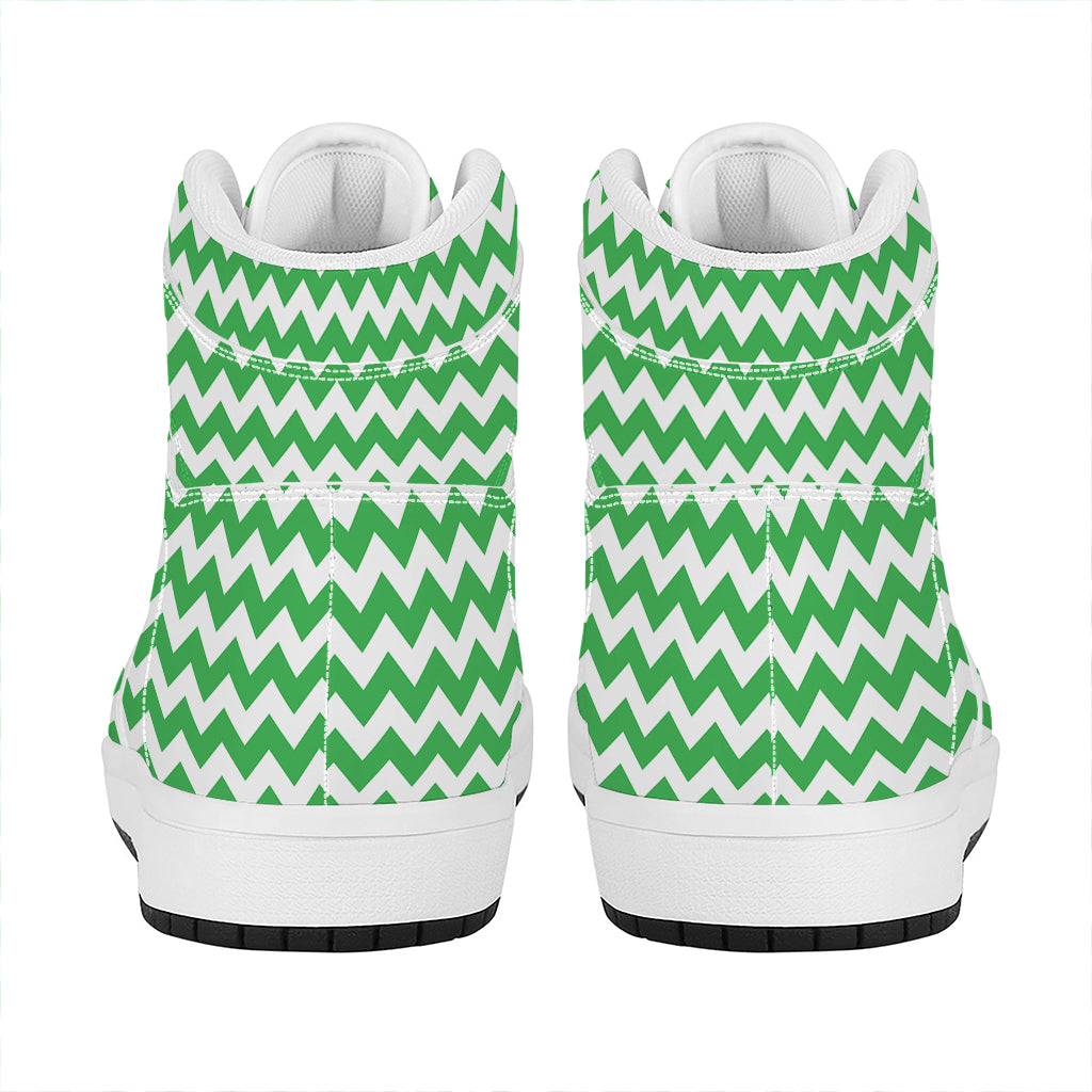 Green And White Chevron Pattern Print High Top Leather Sneakers