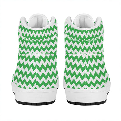 Green And White Chevron Pattern Print High Top Leather Sneakers