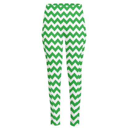 Green And White Chevron Pattern Print High-Waisted Pocket Leggings