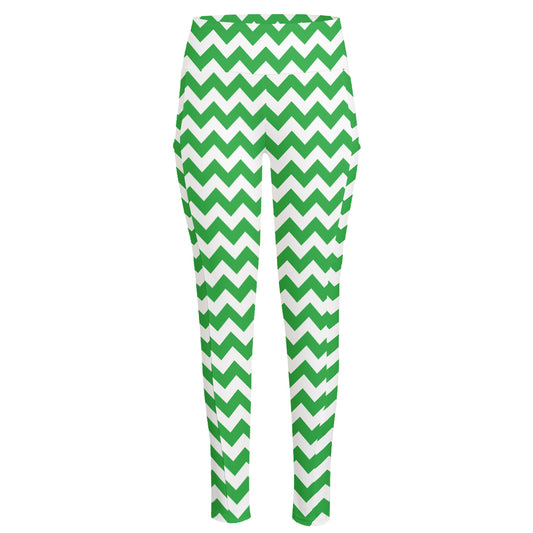 Green And White Chevron Pattern Print High-Waisted Pocket Leggings