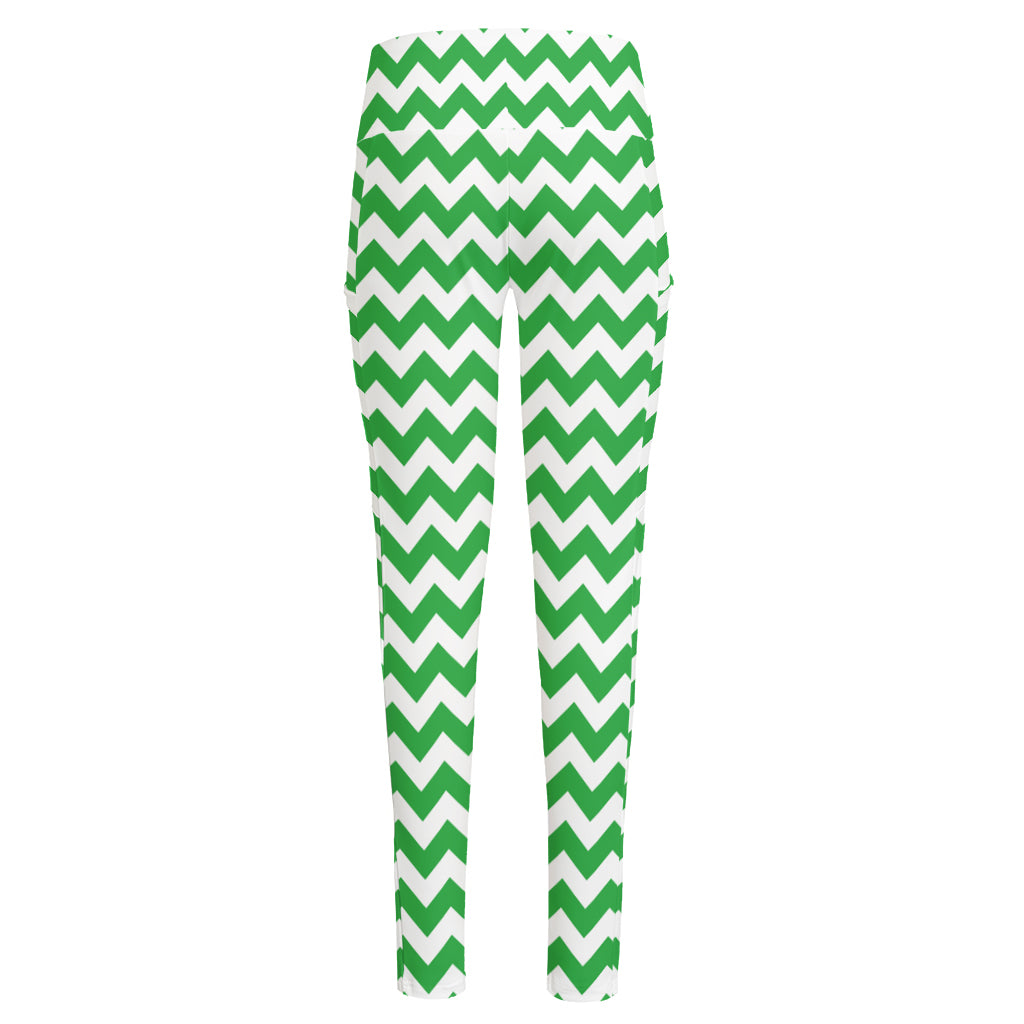 Green And White Chevron Pattern Print High-Waisted Pocket Leggings