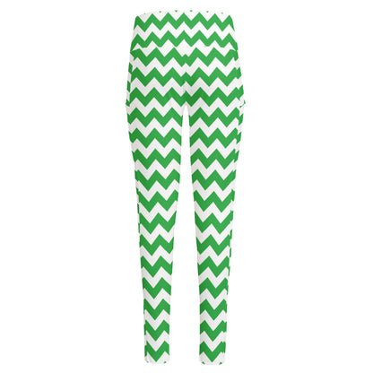 Green And White Chevron Pattern Print High-Waisted Pocket Leggings