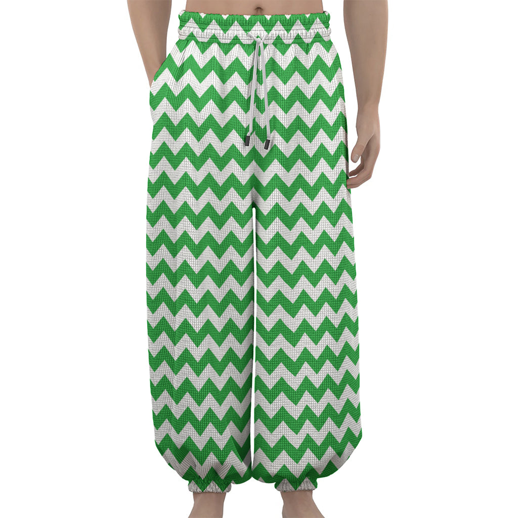 Green And White Chevron Pattern Print Lantern Pants