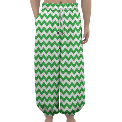 Green And White Chevron Pattern Print Lantern Pants