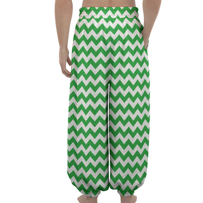 Green And White Chevron Pattern Print Lantern Pants