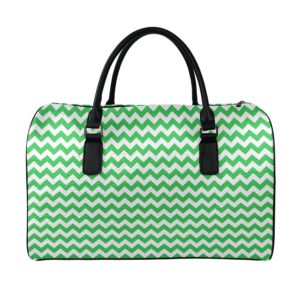 Green And White Chevron Pattern Print Leather Duffle Bag