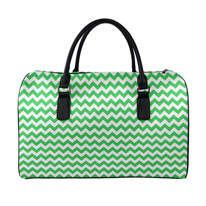 Green And White Chevron Pattern Print Leather Duffle Bag