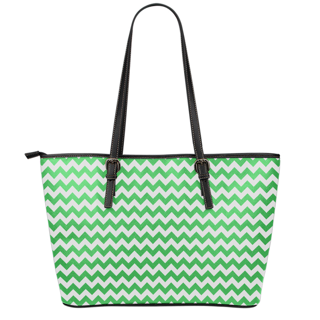Green And White Chevron Pattern Print Leather Tote Bag