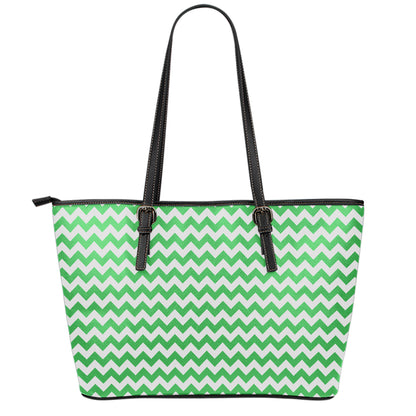 Green And White Chevron Pattern Print Leather Tote Bag