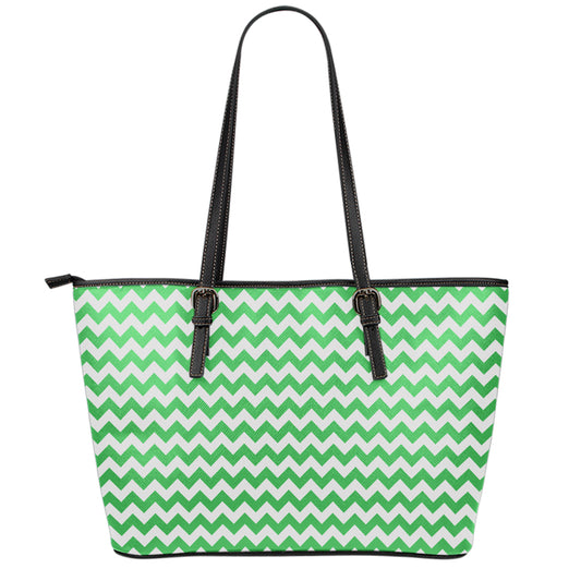 Green And White Chevron Pattern Print Leather Tote Bag