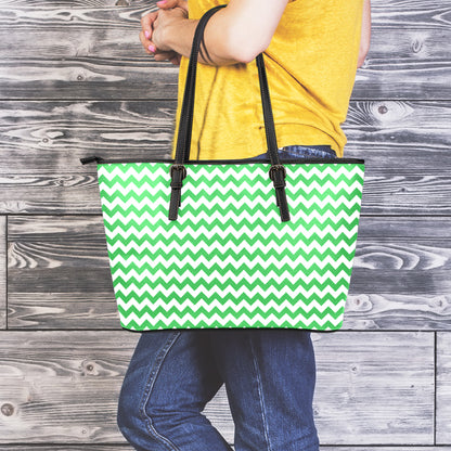 Green And White Chevron Pattern Print Leather Tote Bag