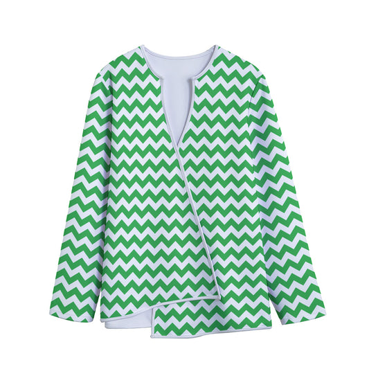 Green And White Chevron Pattern Print Long Sleeve Short Coat