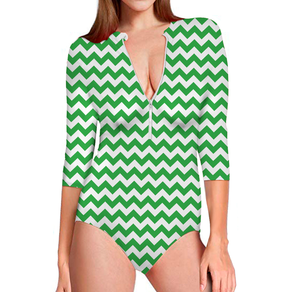 Green And White Chevron Pattern Print Long Sleeve Swimsuit