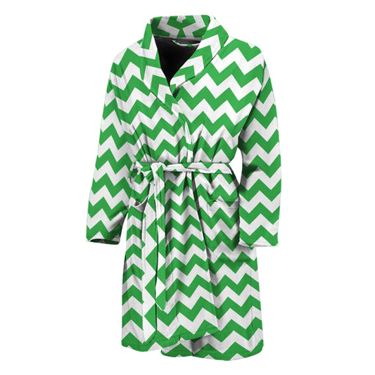 Green And White Chevron Pattern Print Men's Bathrobe