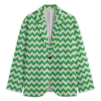 Green And White Chevron Pattern Print Men's Blazer