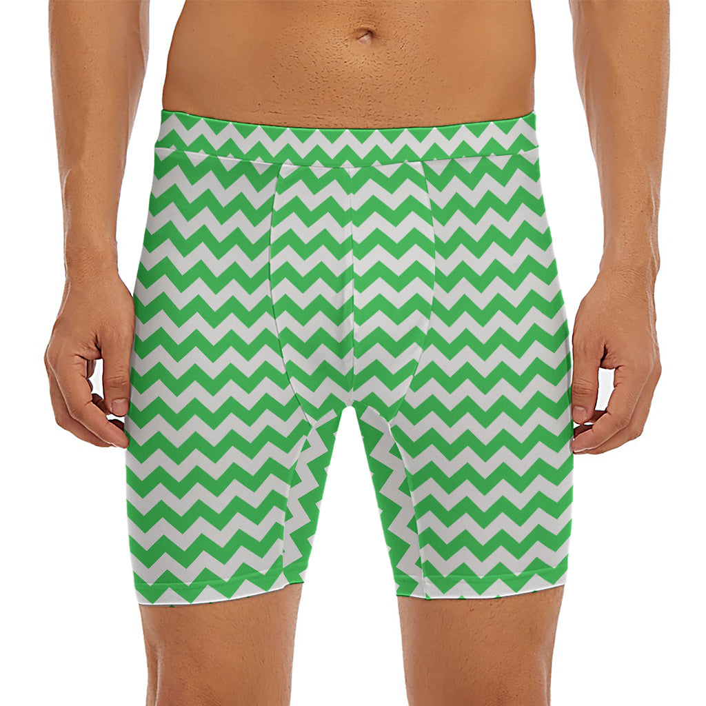 Green And White Chevron Pattern Print Men's Long Boxer Briefs