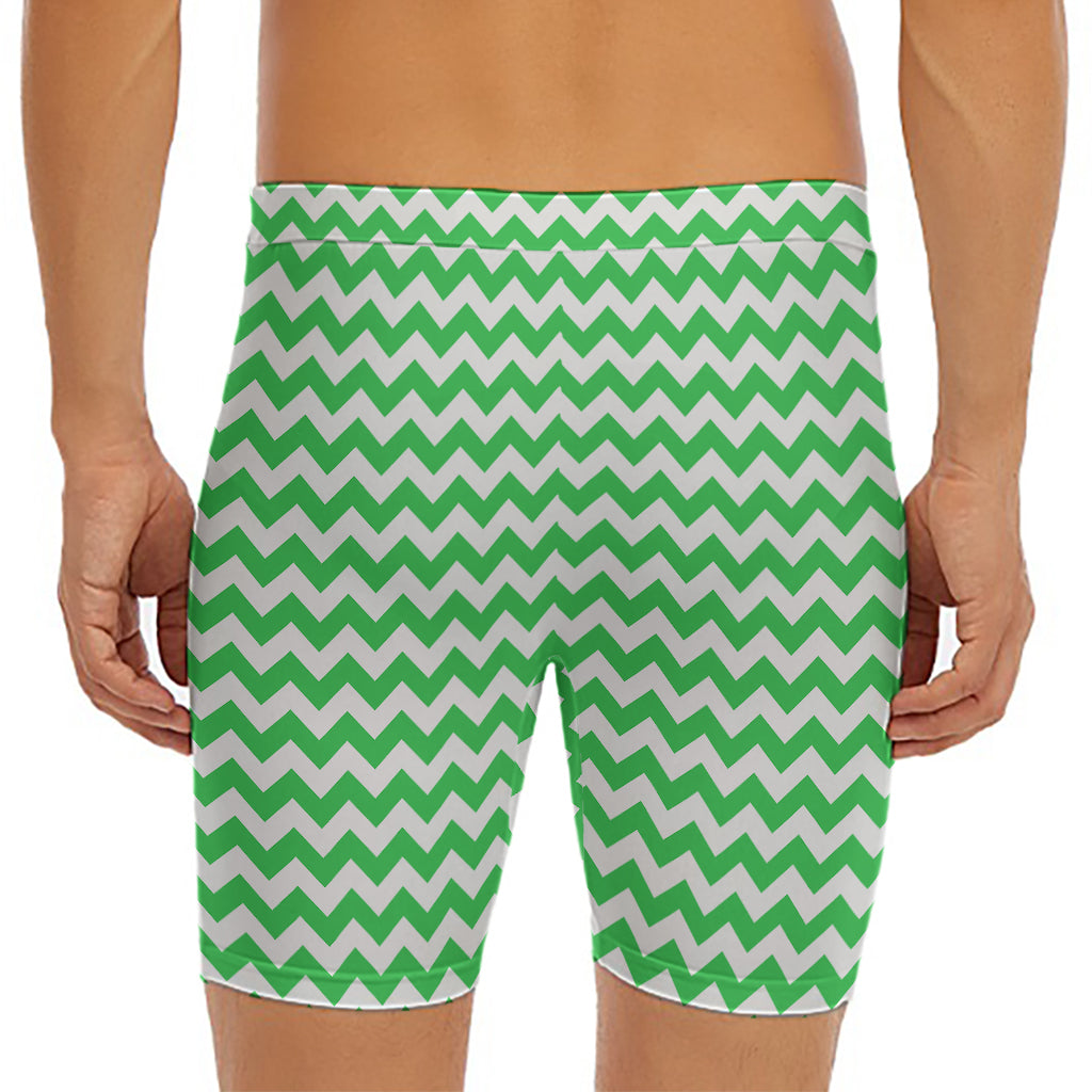 Green And White Chevron Pattern Print Men's Long Boxer Briefs