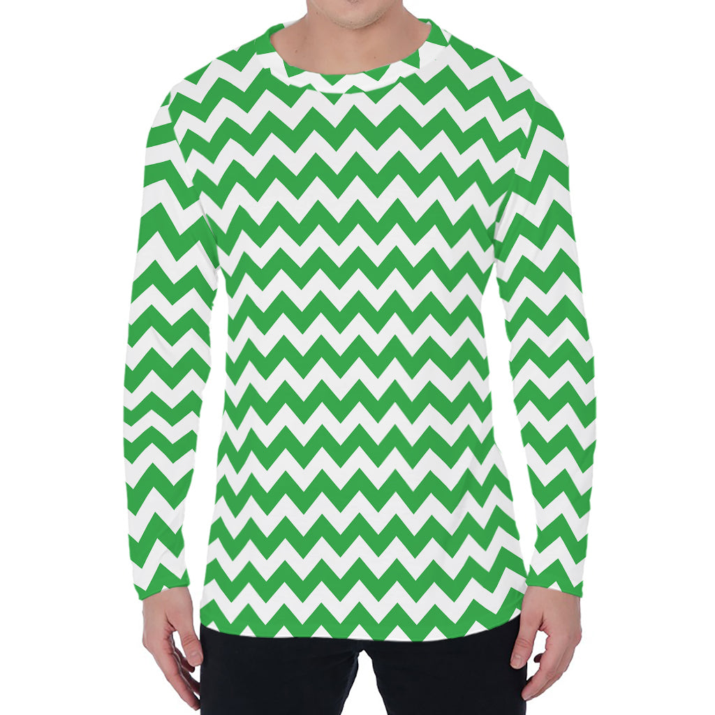 Green And White Chevron Pattern Print Men's Long Sleeve T-Shirt